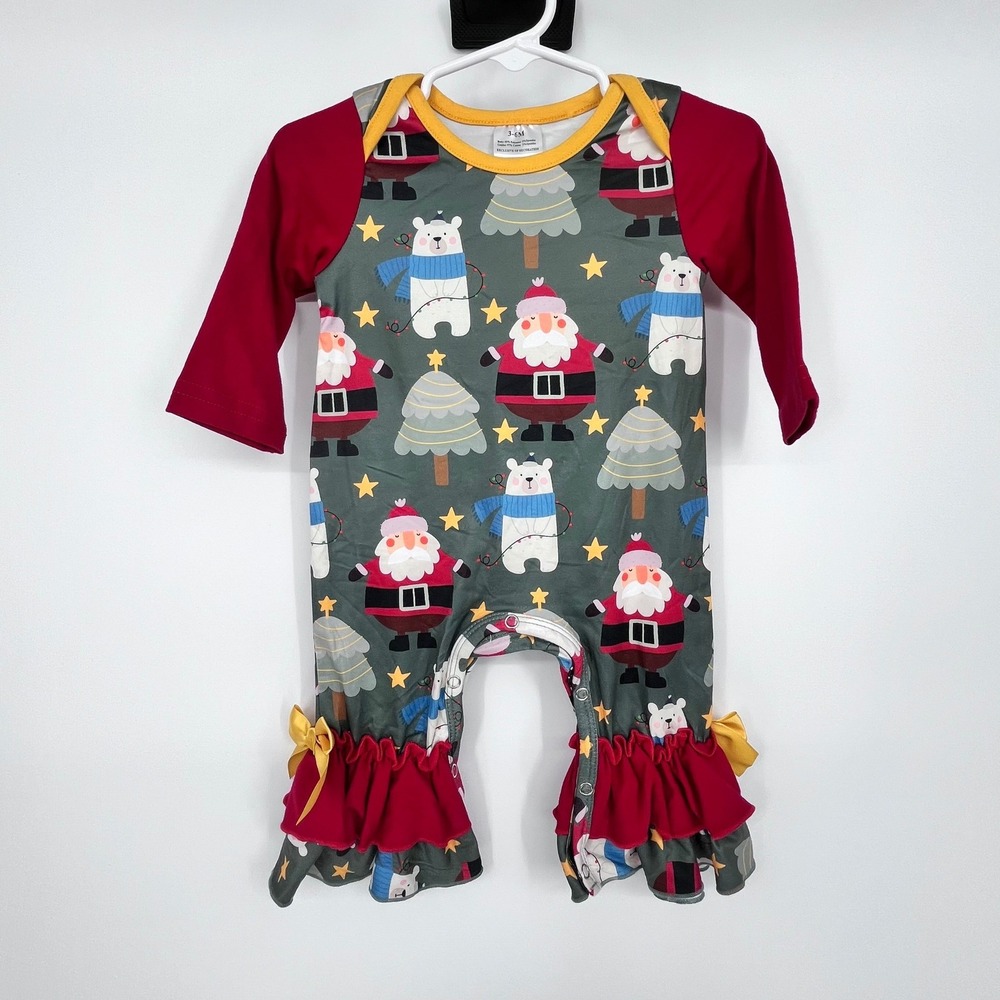 Christmas Romper Girls 3-6M Green Red Santa Polar Bear Ruffle Bows
